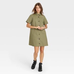 Who What Wear | Brown | Tan | Khaki Short Sleeve Button-Up Trapeze Dress